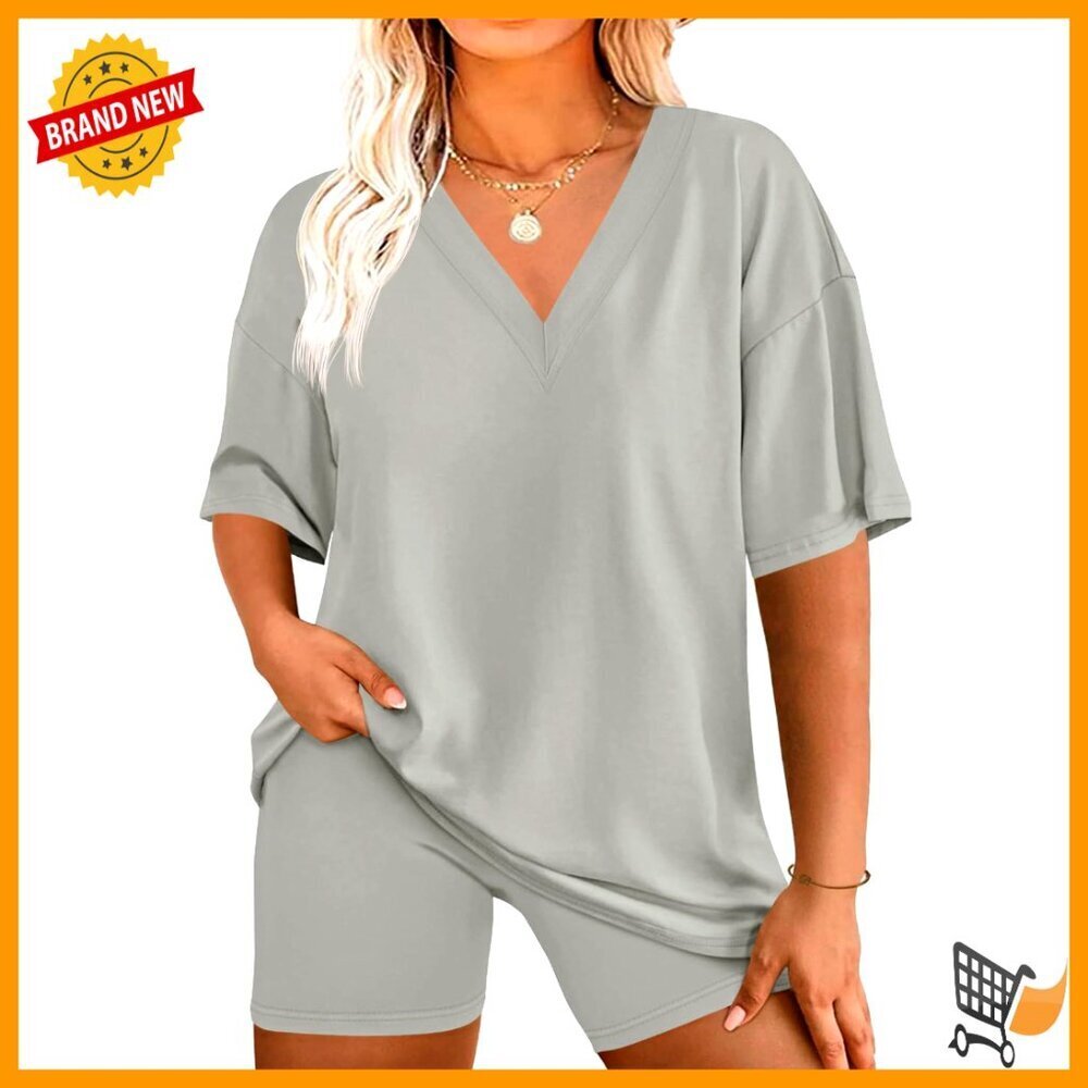 Plus Size Lounge Set Oversized V Neck Top Biker Shorts Matching Workout Outfit